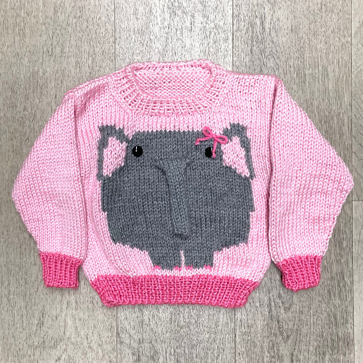 Hand Knit Pink Pullover Sweater with Gray Elephant
