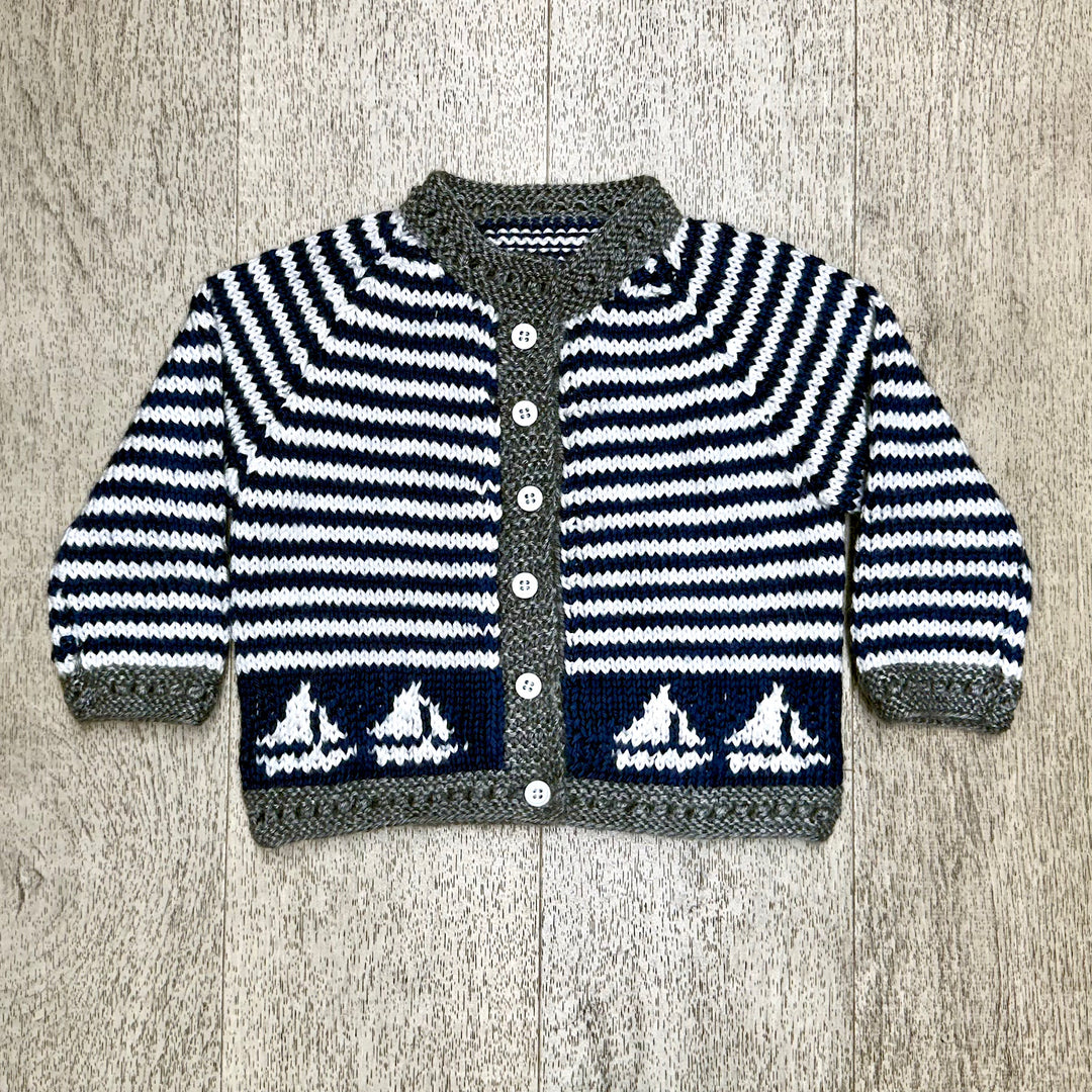 Hand Knit Navy and White Stiped Cardigan with Sailboats