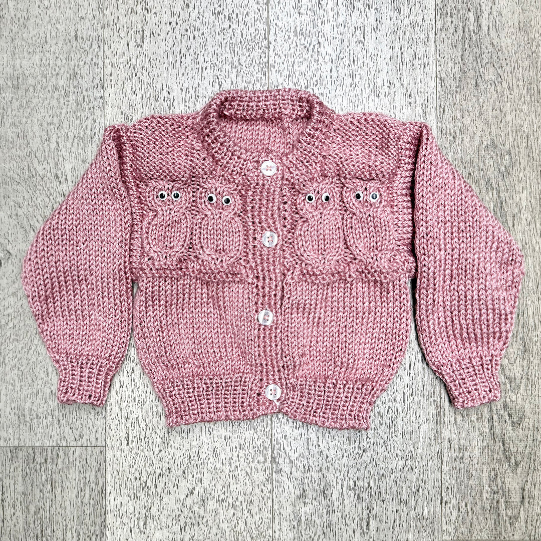Hand Knit Rose Pink Owl Cardiganr Sweater
