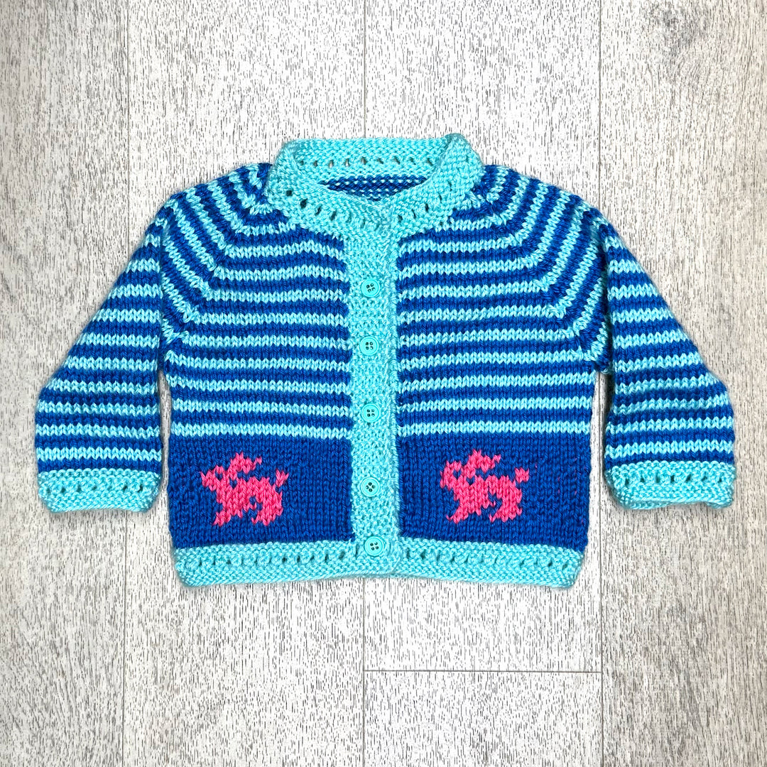 Hand Knit Blue and Aqua Striped Cardigan Sweater