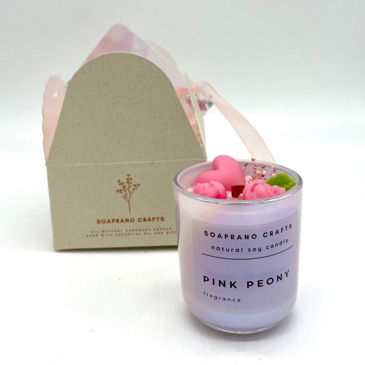 Handcrafted Small Natural Soy Candle with Pink Heart & Flowers - Pink Peony