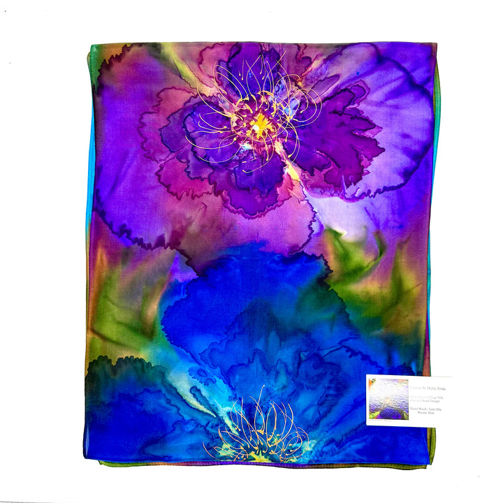 Hand Dyed Collage Silk Scarf in Blue and Purple Floral Design