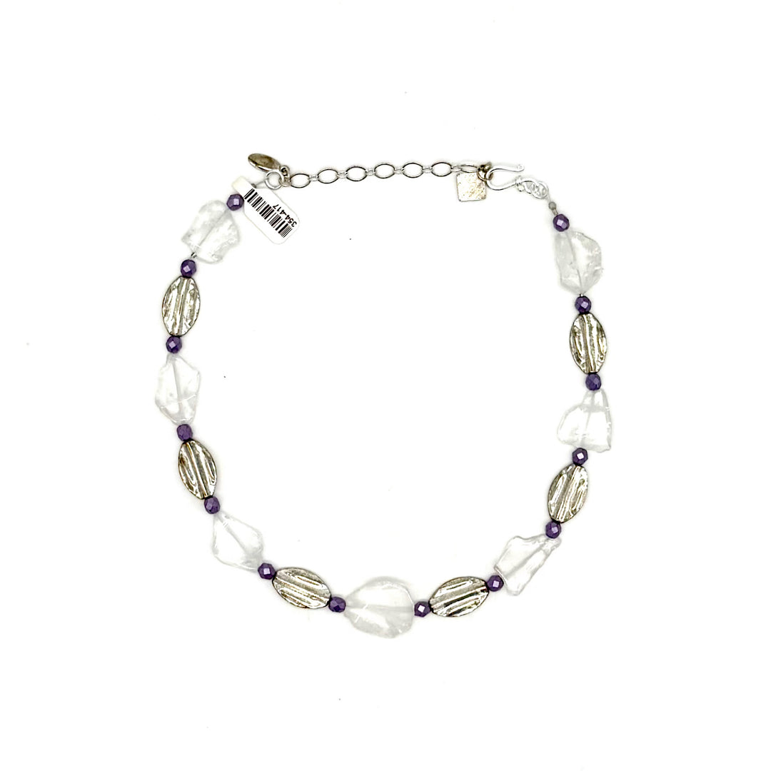 Handcrafted Quartz, Silvertone Ovals, and Purple Bead Necklace