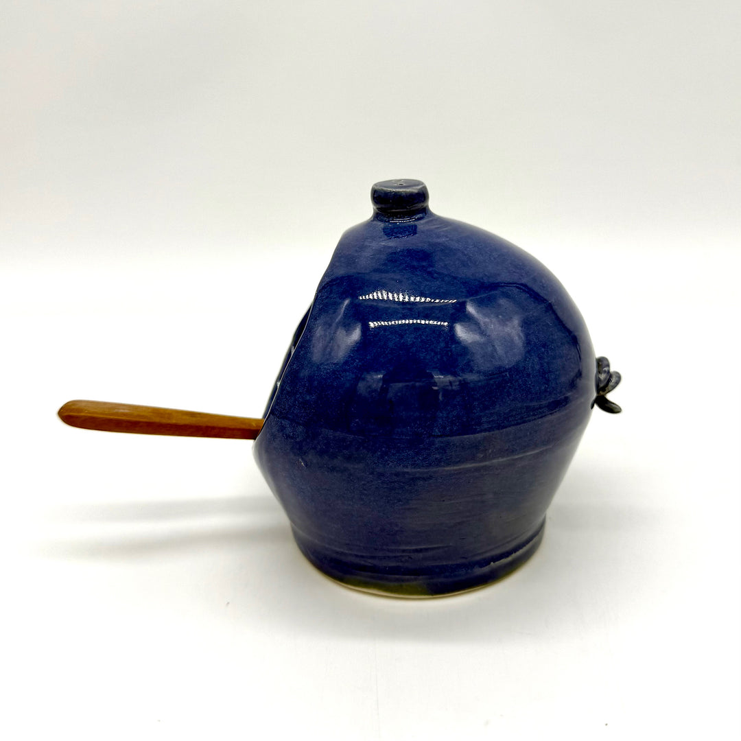 Handmade Blue Ceramic Salt Pig with Wooden Spoon
