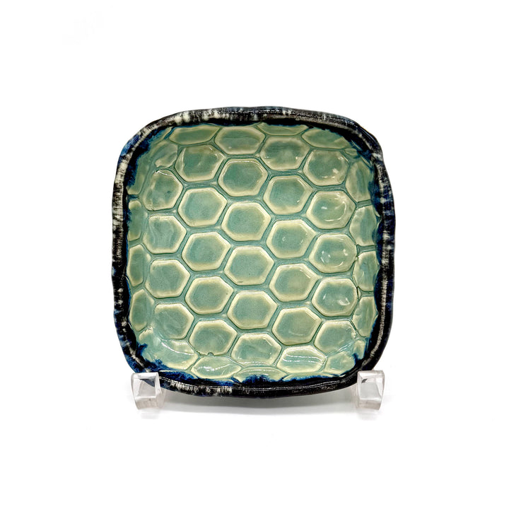 Handmade Small Green Ceramic Square Dish With Hexagonal Design