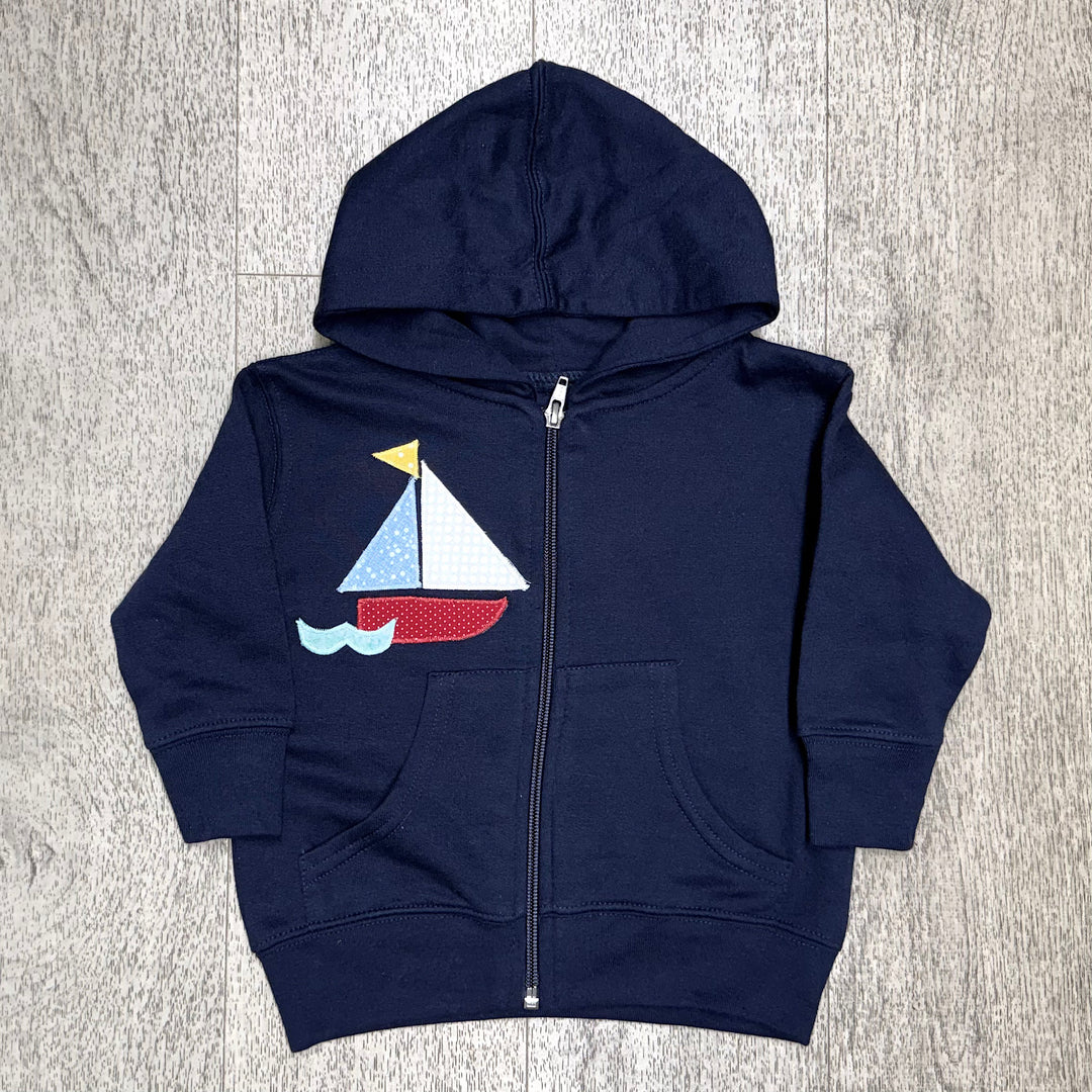 Navy Zippered Hoodie with Handmade Appliqued Sailboat