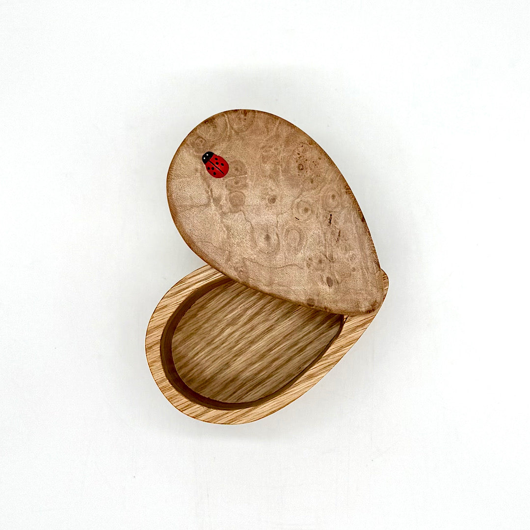 Handcrafted Small Tear-Shaped Wood Box with Ladybug