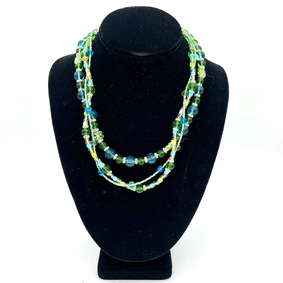 Handcrafted Green and Blue Triple Strand Necklace