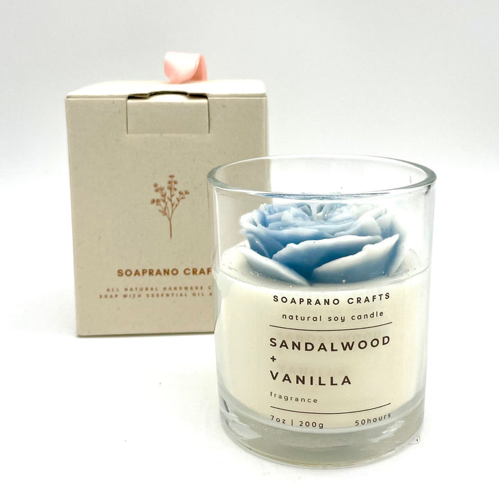 Handcrafted Natural Soy Scented Candle with Blue Flower - Sandalwood & Vanilla