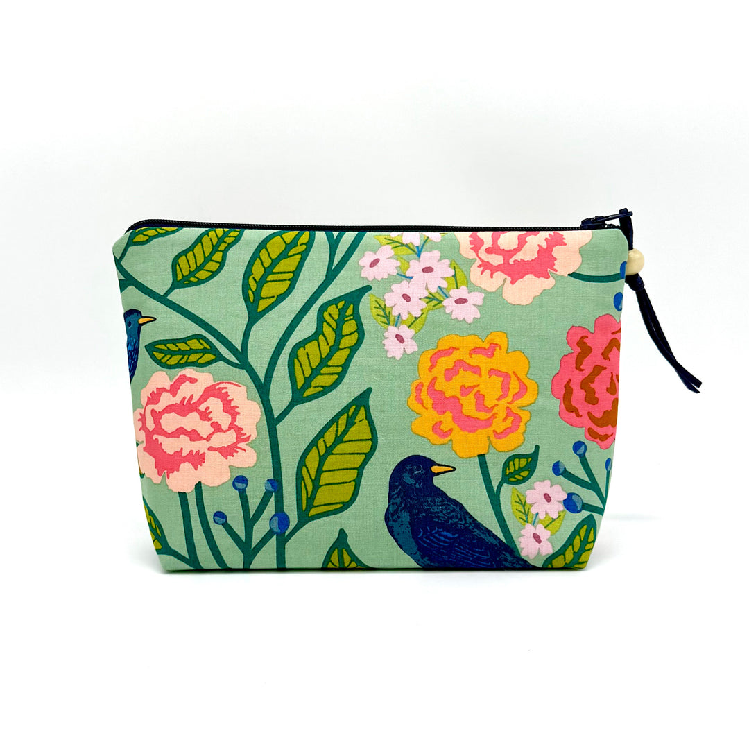 Handmade Green Floral Zippered Cosmetic Bag