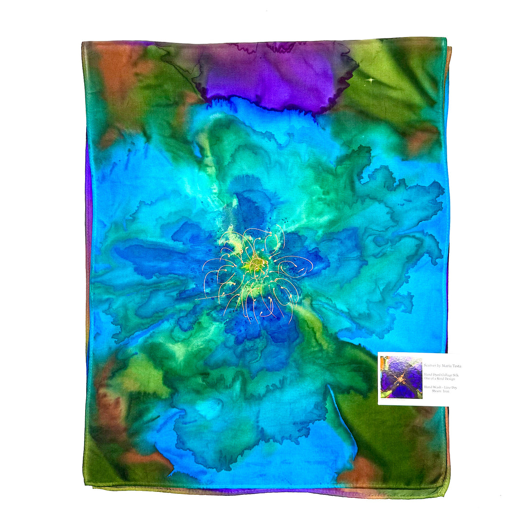 Hand Dyed Collage Silk Scarf in Blue and Purple Floral Design