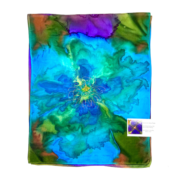 Hand Dyed Collage Silk Scarf in Blue and Purple Floral Design