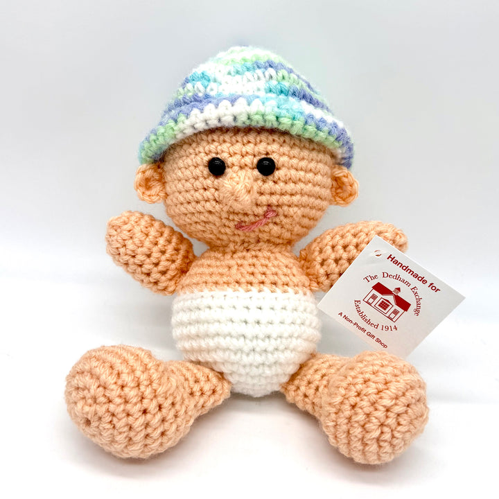 Handmade Crocheted Baby with Brown Hair and Hat