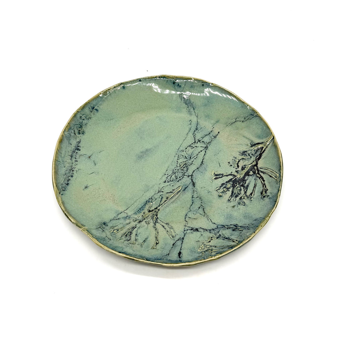 Handmade Aqua and green Ceramic Round Plate With Navy Patterns