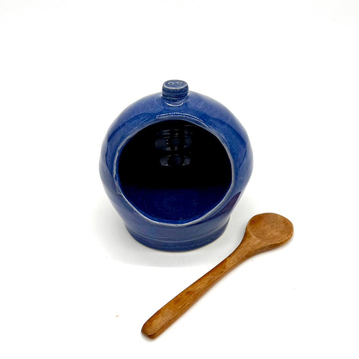 Handmade Blue Ceramic Salt Pig with Wooden Spoon
