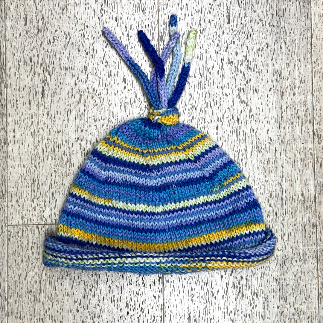 Hand Knit Washable Wool  Hat in Blues and Yellows
