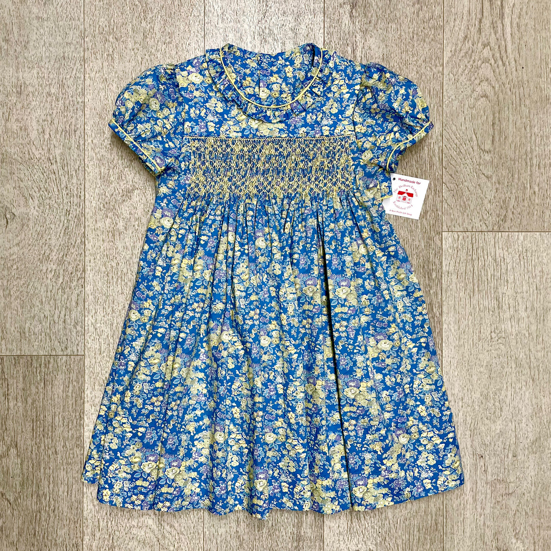 Handmade Smocked Blue and Maize Floral Dress