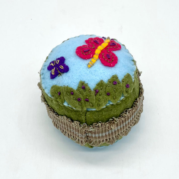 Handmade Blue and Green Felt Pin Cushion/Decorative Object with Butterfiles