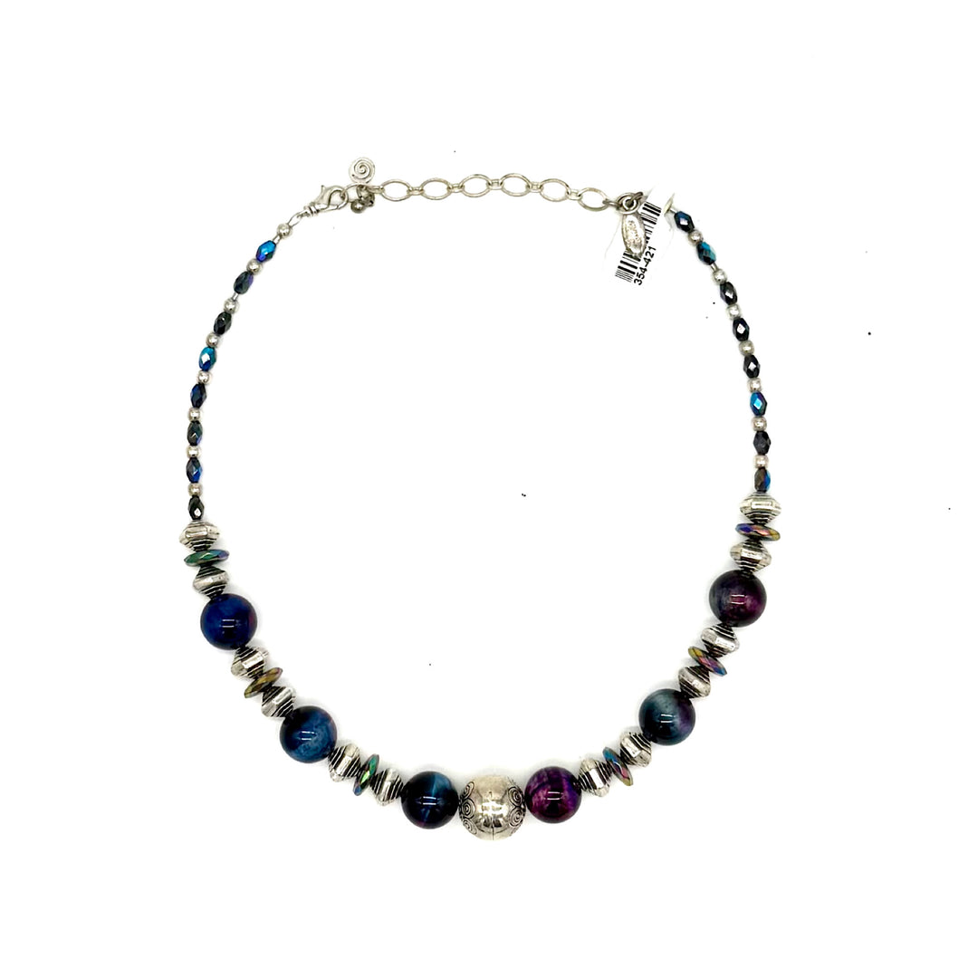 Handcrafted Blue and Purple Stone Orbs with Silvertone Bead Necklace