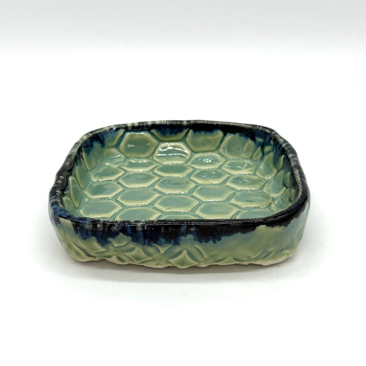 Handmade Small Green Ceramic Square Dish With Hexagonal Design