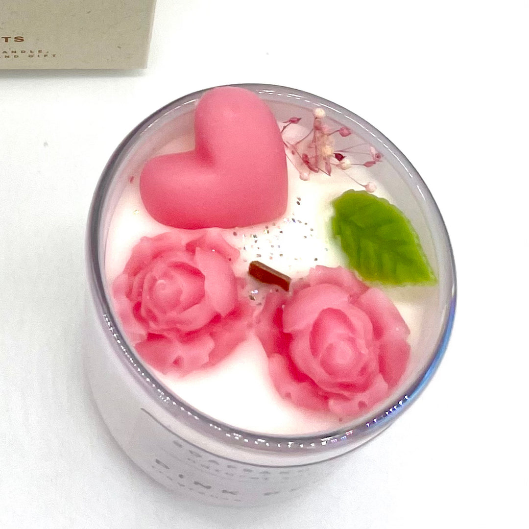 Handcrafted Small Natural Soy Candle with Pink Heart & Flowers - Pink Peony