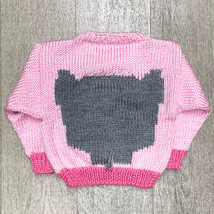 Hand Knit Pink Pullover Sweater with Gray Elephant