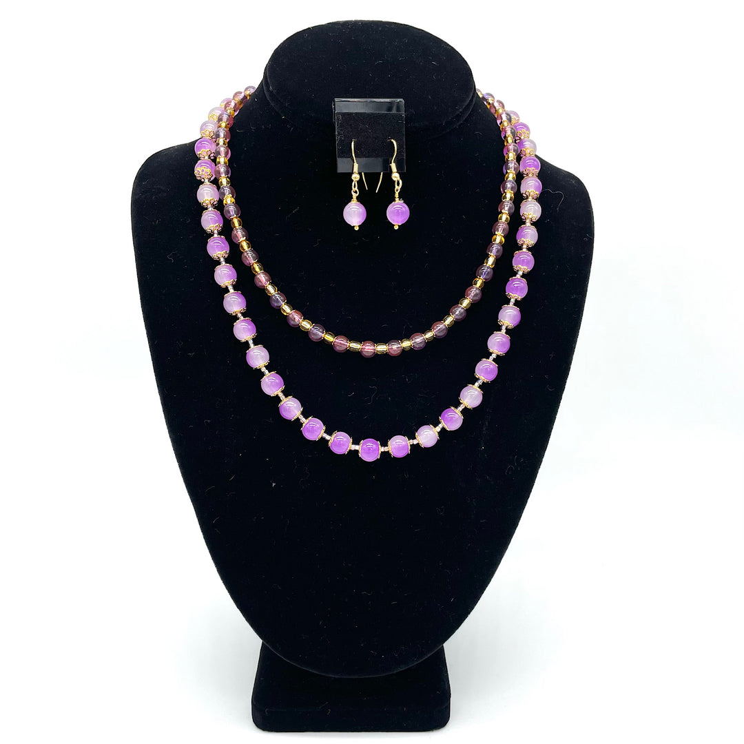 Handcrafted Lavender Double Strand  Bead Necklace and Matching Earrings