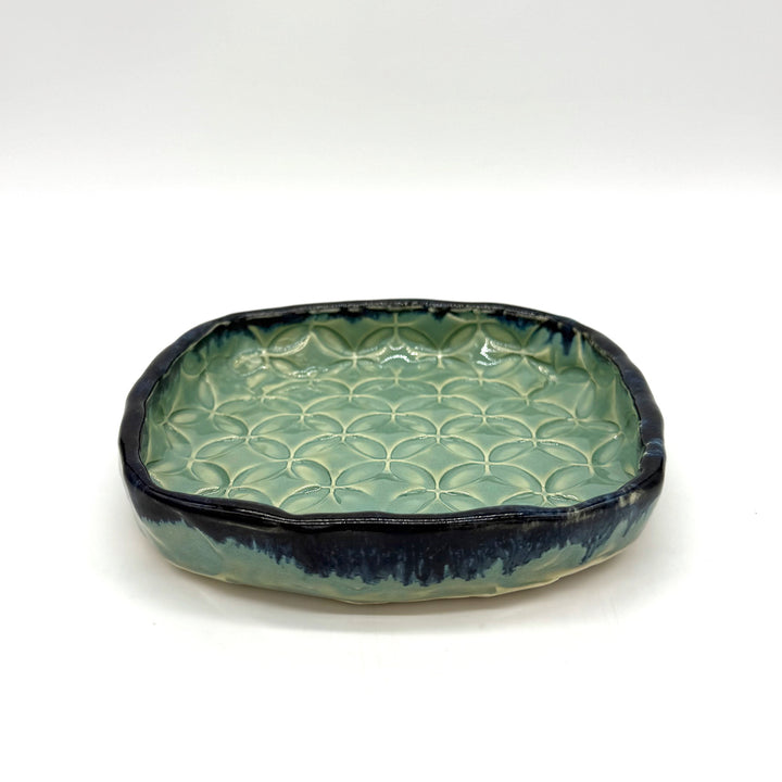 Handmade Green Ceramic Dish with Navy Edge