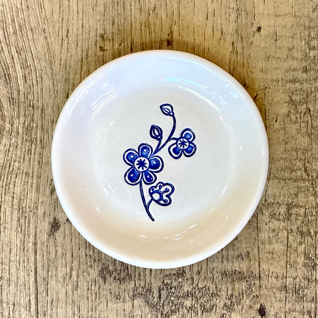 Handmade Ceramic Trinket Dish With Blue Flower