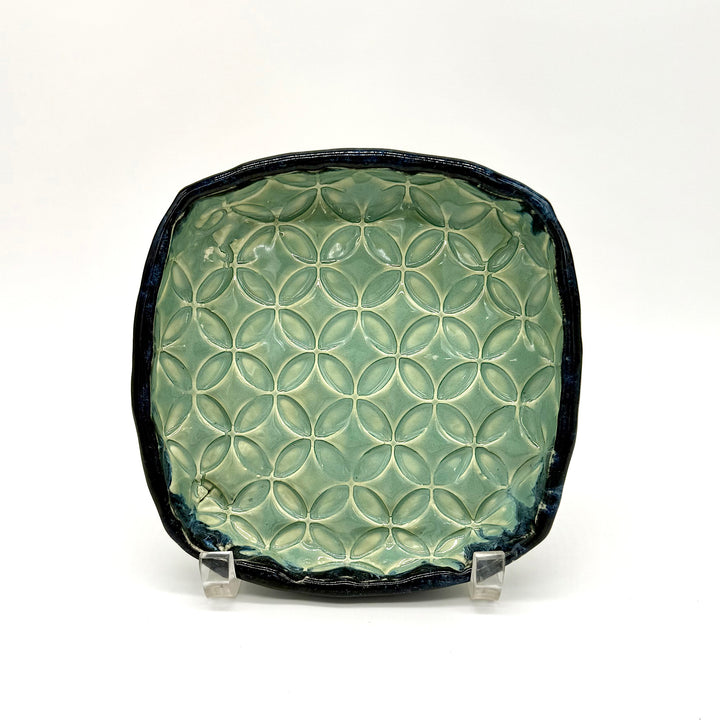 Handmade Green Ceramic Dish with Navy Edge
