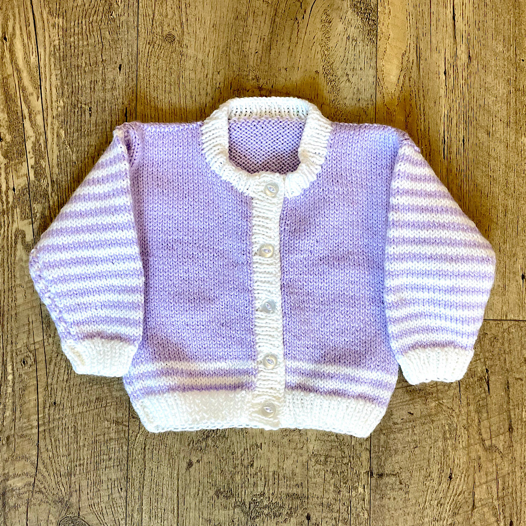 Hand Knit Lavender and White Cardigan Sweater