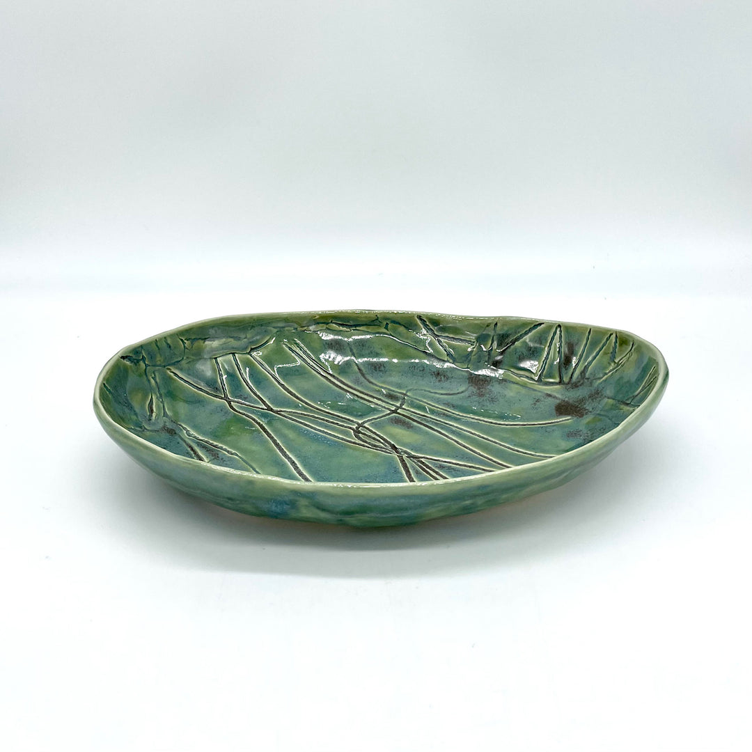 Handmade Blue and Green Ceramic Low Serving Bowl