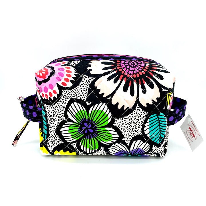 Handmade Fabric Cosmetic Bag in Black and Bright  Floral Print