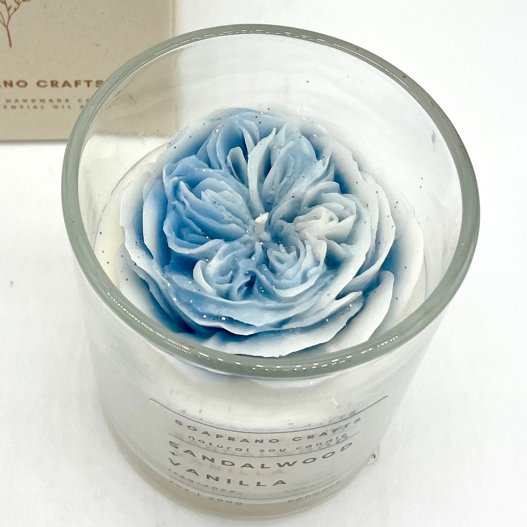 Handcrafted Natural Soy Scented Candle with Blue Flower - Sandalwood & Vanilla