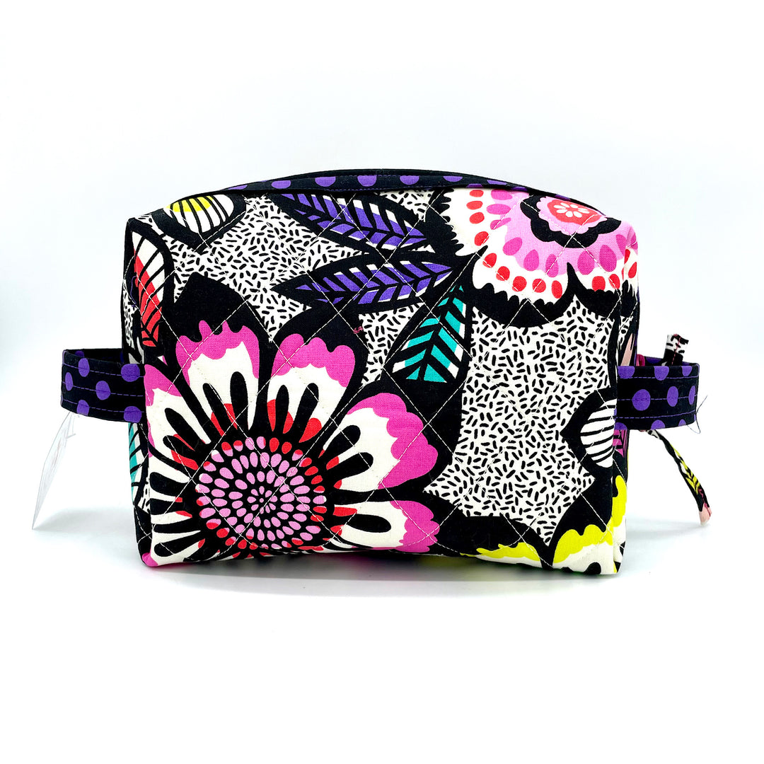 Handmade Fabric Cosmetic Bag in Black and Bright  Floral Print