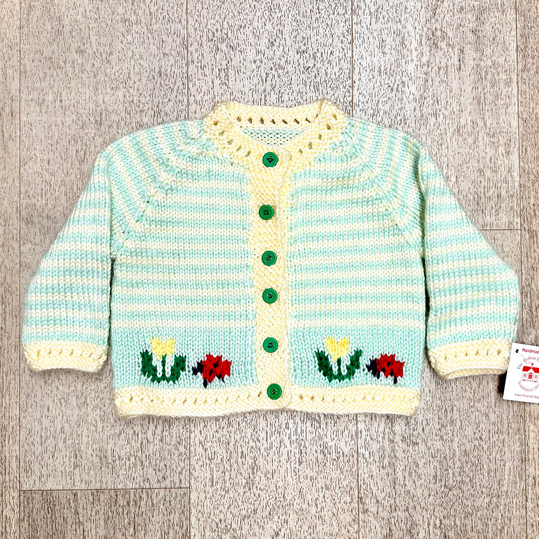 Hand Knit Striped Cardigan with Flower Border