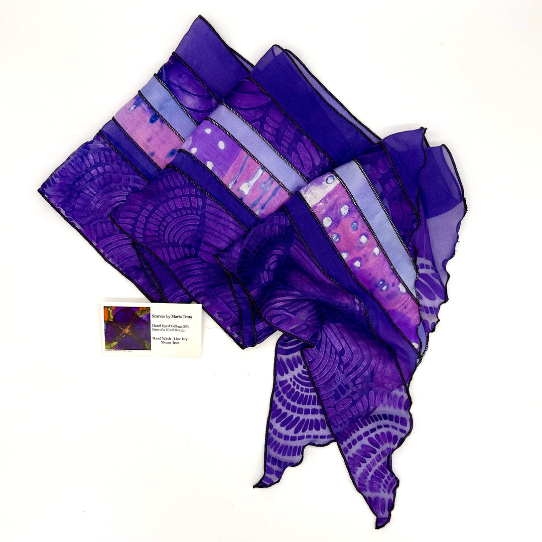 Hand Dyed Collage Purple Silk Dress Scarf