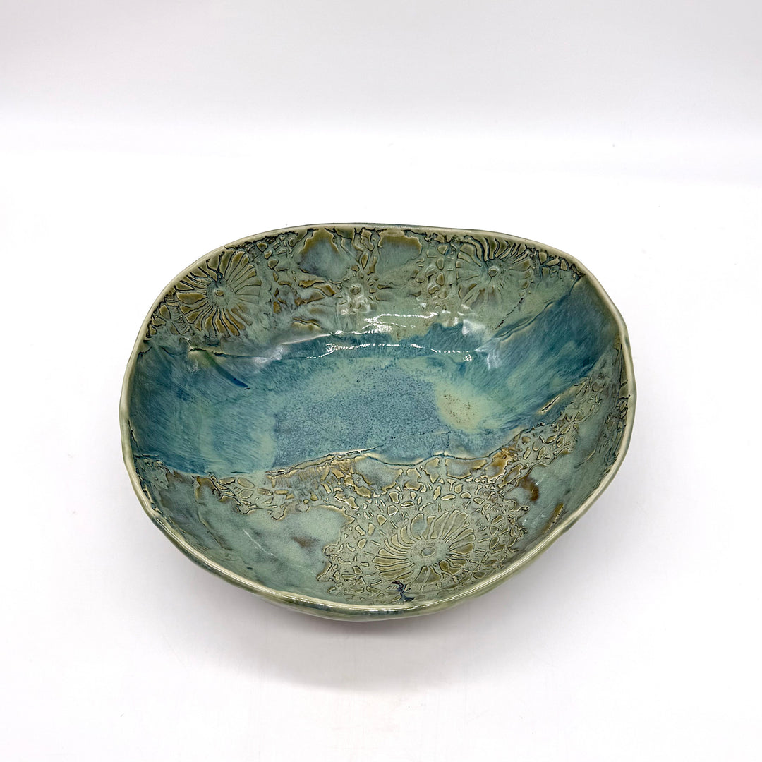 Handmade Teal and Green Roundish Ceramic Bowl
