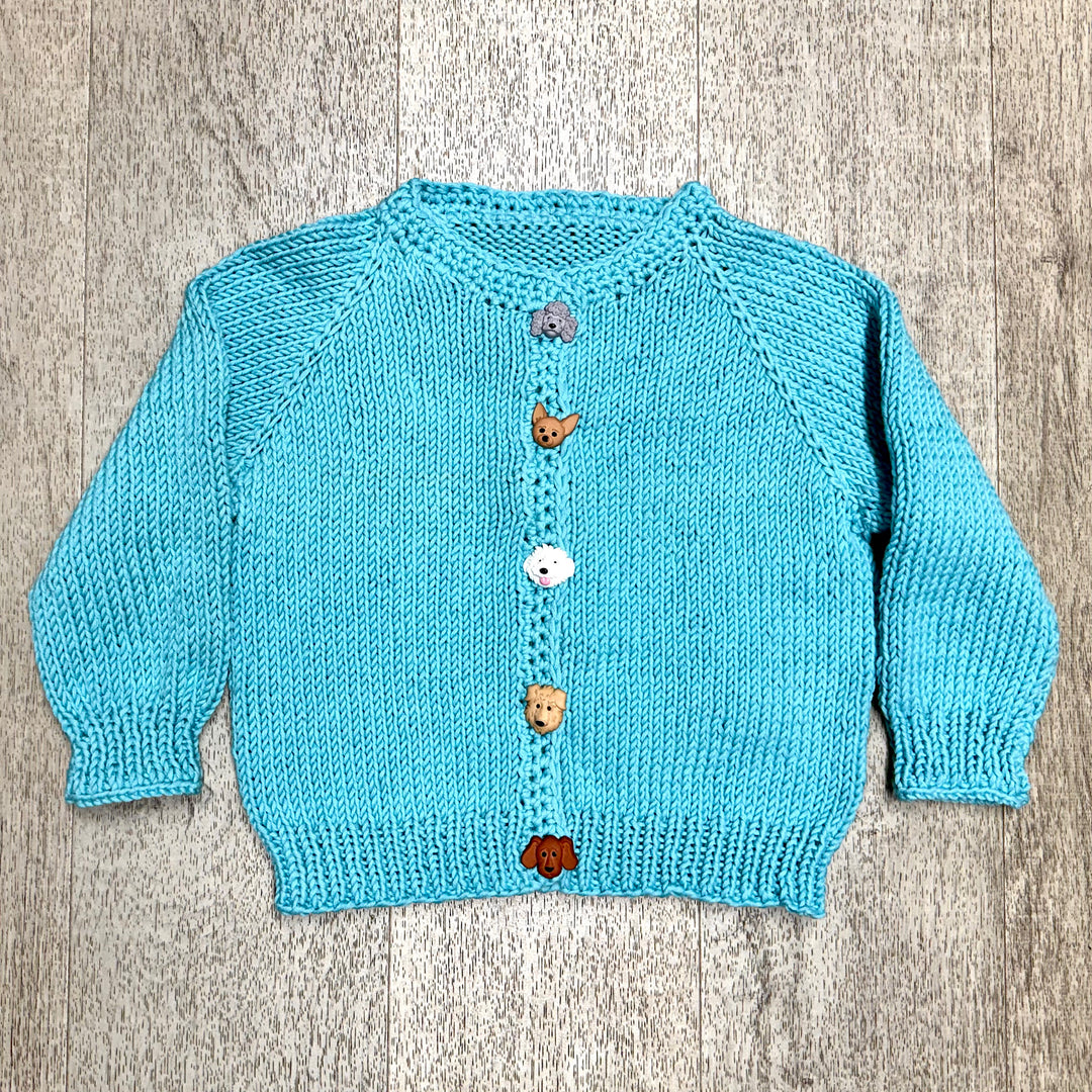 Hand Knit Turquoise Sweater with Dog Buttons