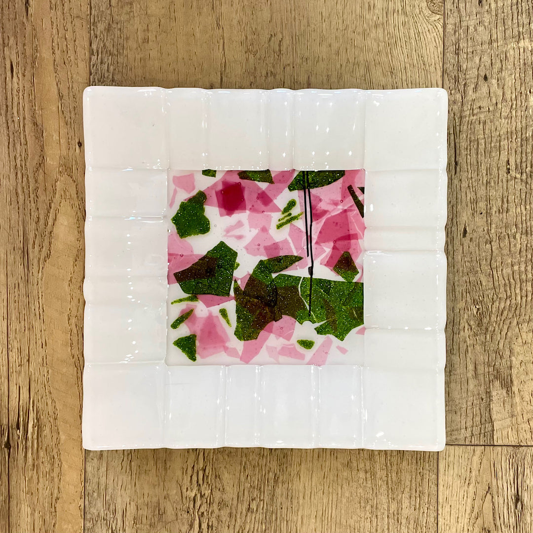 Handcrafted White, Pink and Green Collage Glass Plate