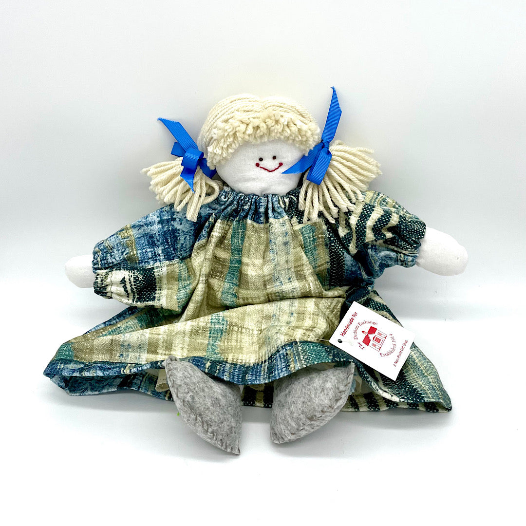 Handmade Fabric Doll with Blue Print Dress
