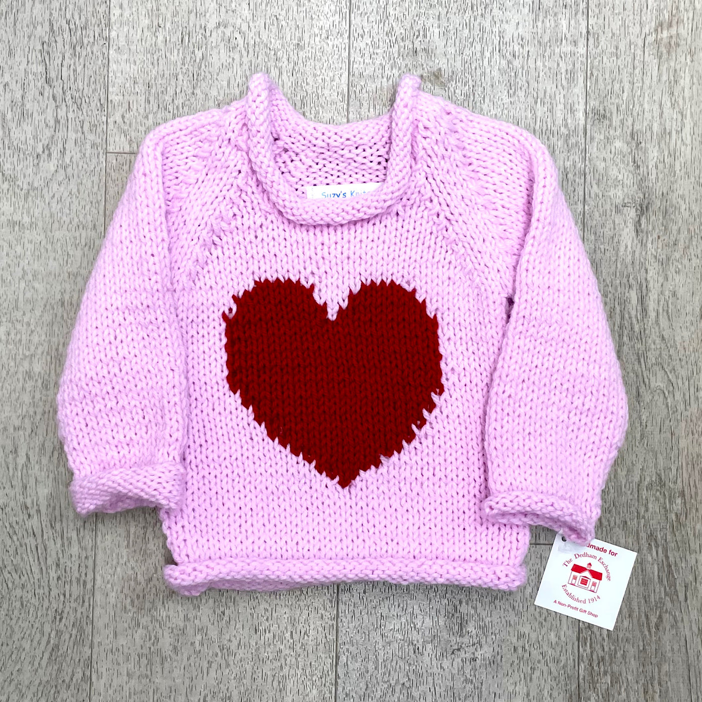 Hand Knit Pink Pullover with Red Heart