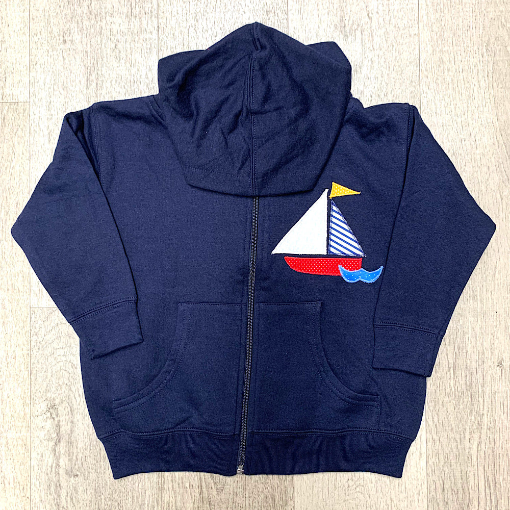 Child Hoodie with hand applique embroidered sailboat