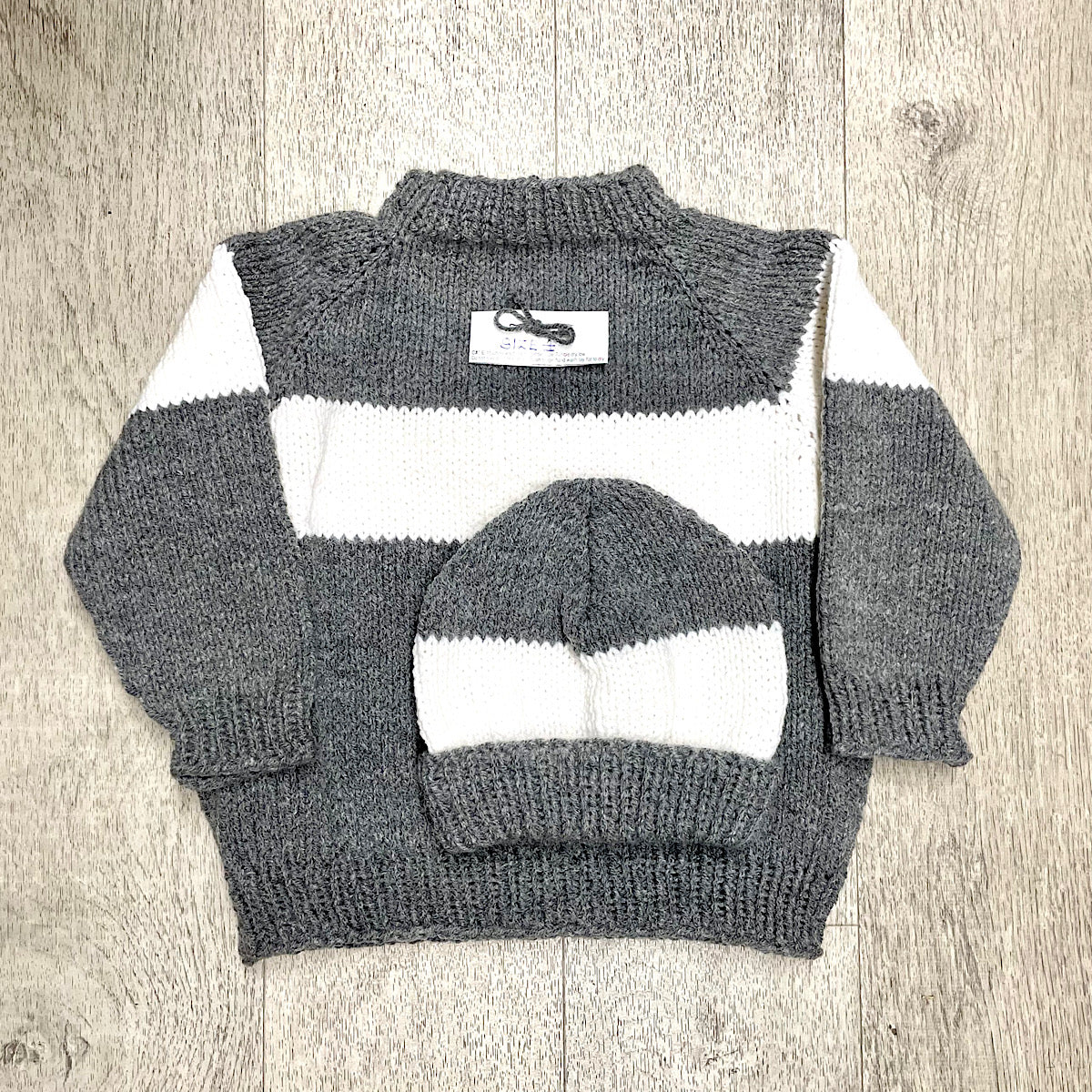 Hand Knit Gray and White Pullover and Hat