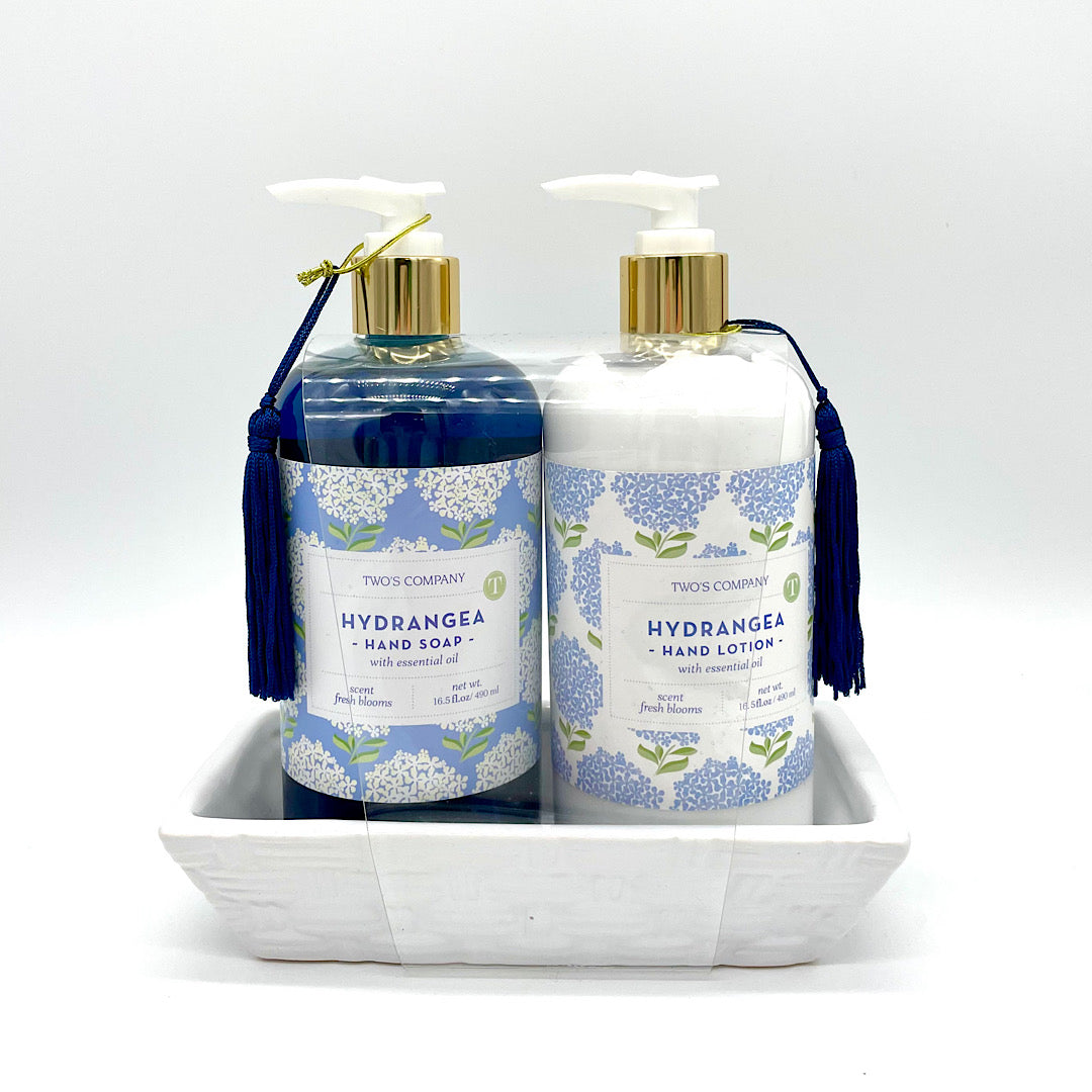Hydrangea Hand Soap and Hand Lotion in White Ceramic Dish