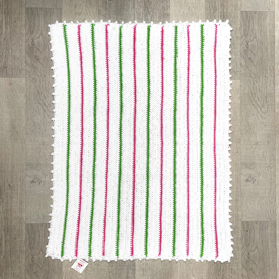 Hand Crocheted White Baby Blanket with Pink and Green Stripes