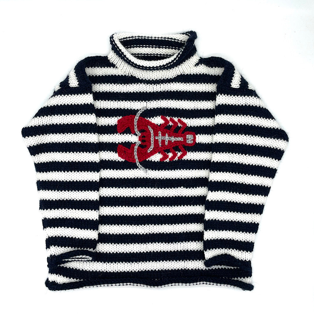 Navy and White Stripe Wool Pullover Sweater with Lobster Design