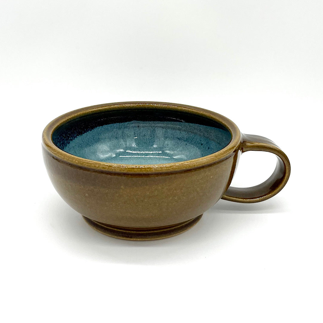 Handmade Ceramic Bowl with Handle in Brown and Blue