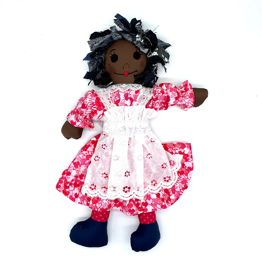 Handmade Fabric Doll in Pink Heart Print Dress