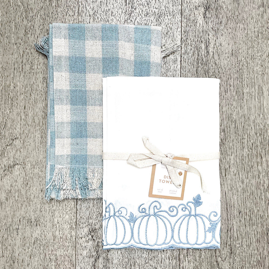 Off White and Blue Kitchen Towels - Set of Two